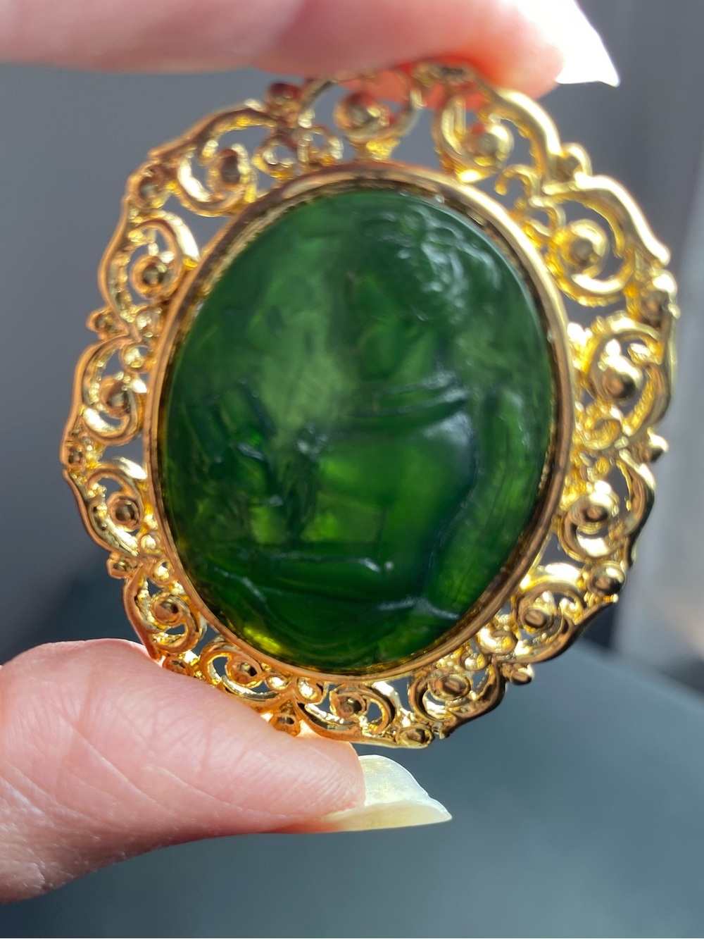 Antique green uranium Glass Intaglio Brooch in Gold Filled Filagree Frame